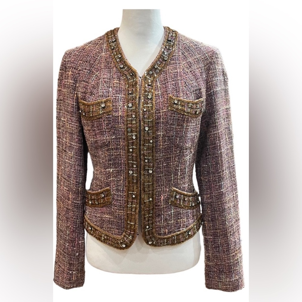 Vintage 90s Tracy Reece Jewel Embellished Wool Blend Tweed Blazer Size 6 Pink